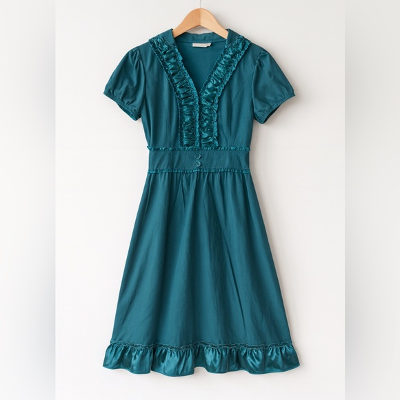 Vintage Dresses & Skirts - VTG Divine Modes Womens Blue Satin Ruffle Cotton Puffy Fit Flare Midi Dress sz L